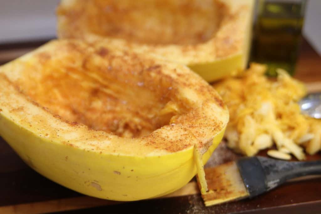 Season spaghetti squash with salt, pepper, and Tony's