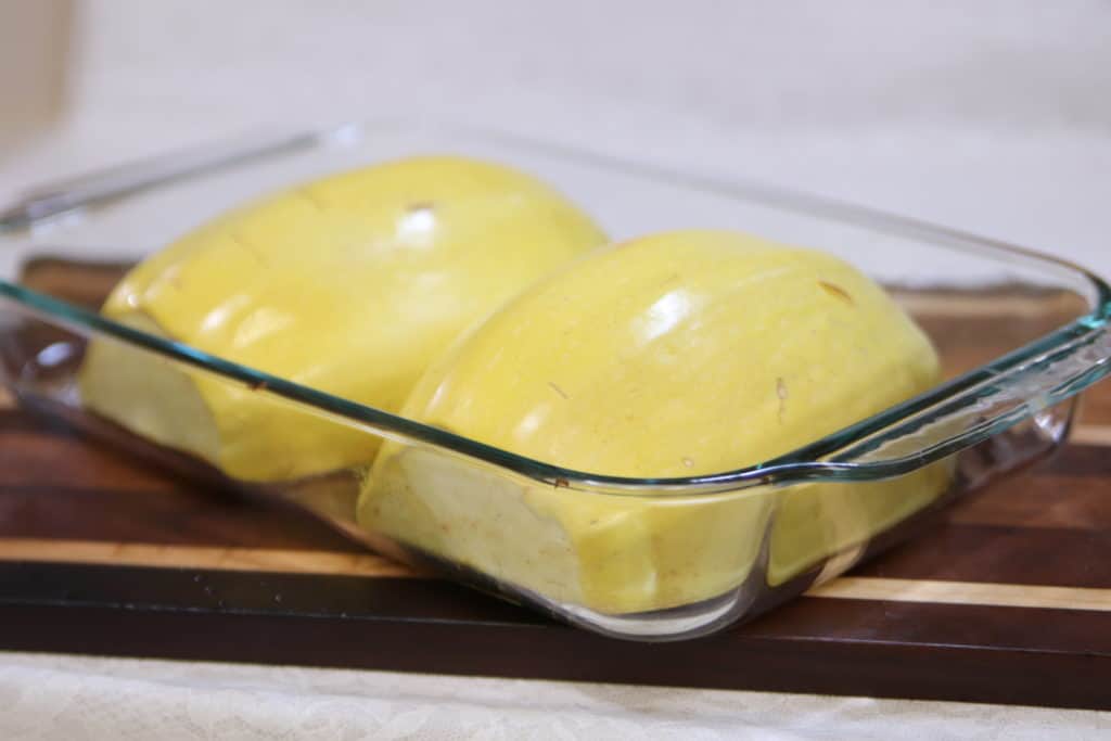 Put spaghetti squash in pan face down