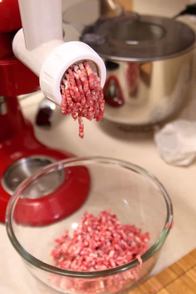 Ground Beef and Bacon, grinding in a meat grinder