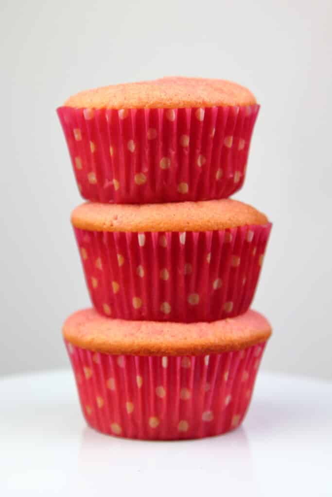 Strawberries and Cream Cupcakes stacked without frosting