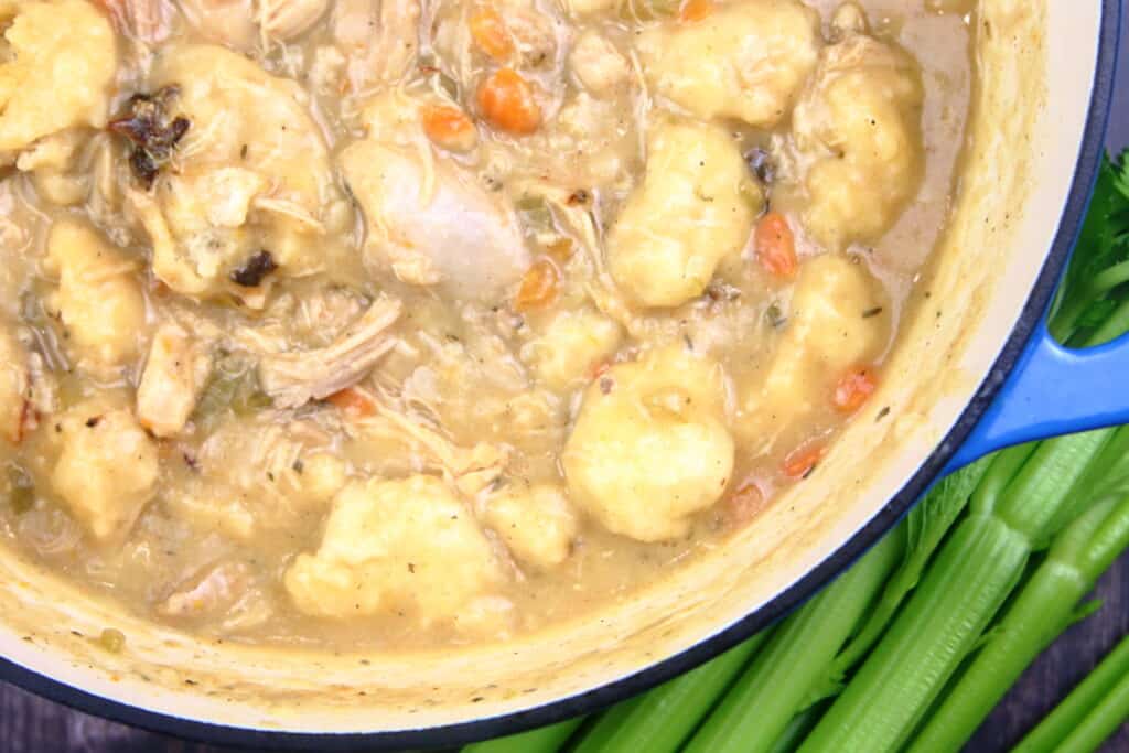 chicken and dumplings in a pot