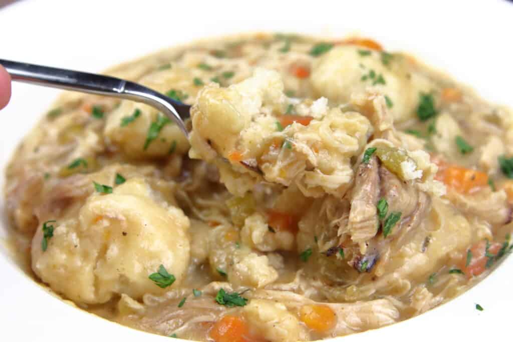 chicken and dumplings on a spoon