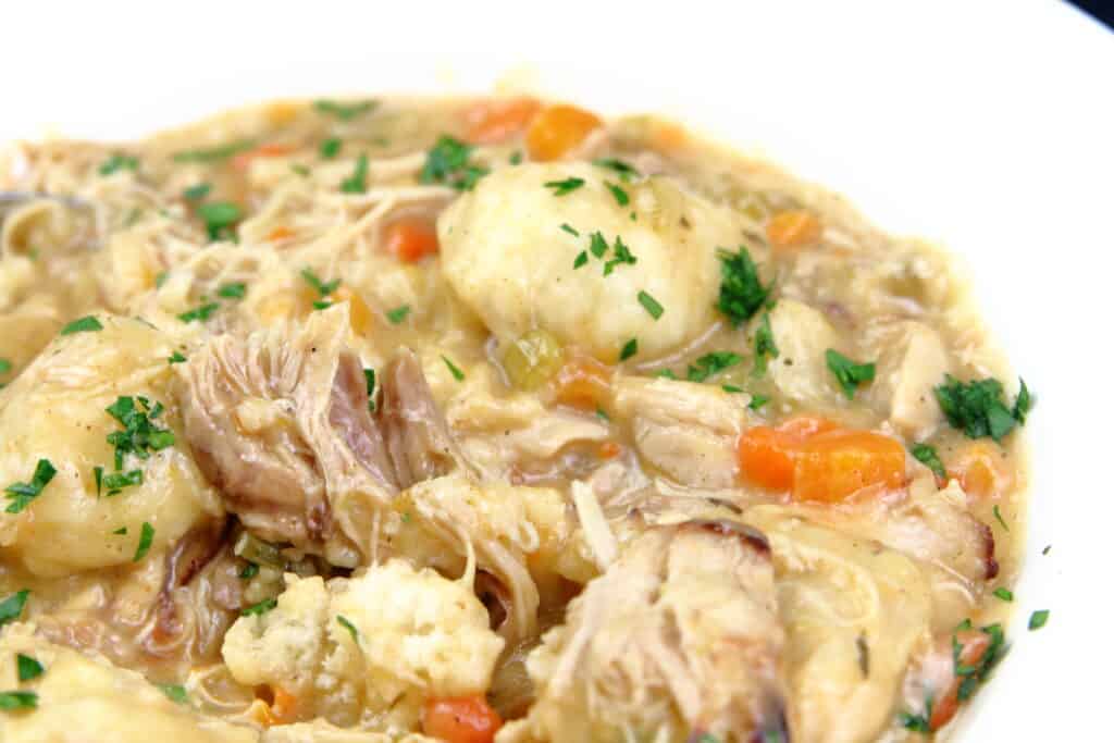 chicken and dumplings in a bowl