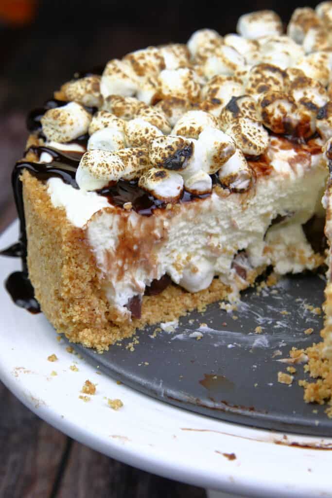 S'mores Cheesecake with a slice removed