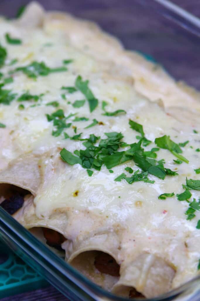 A baked pan of green chile enchiladas