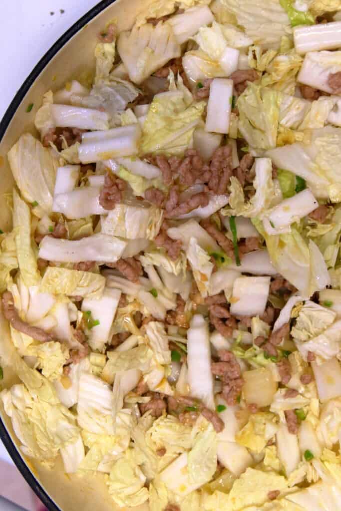 Chopped cabbage and pork in a pan
