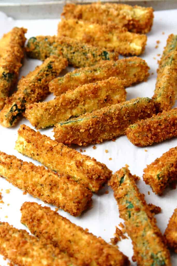 Fried Zucchini layed out on a cookie sheet