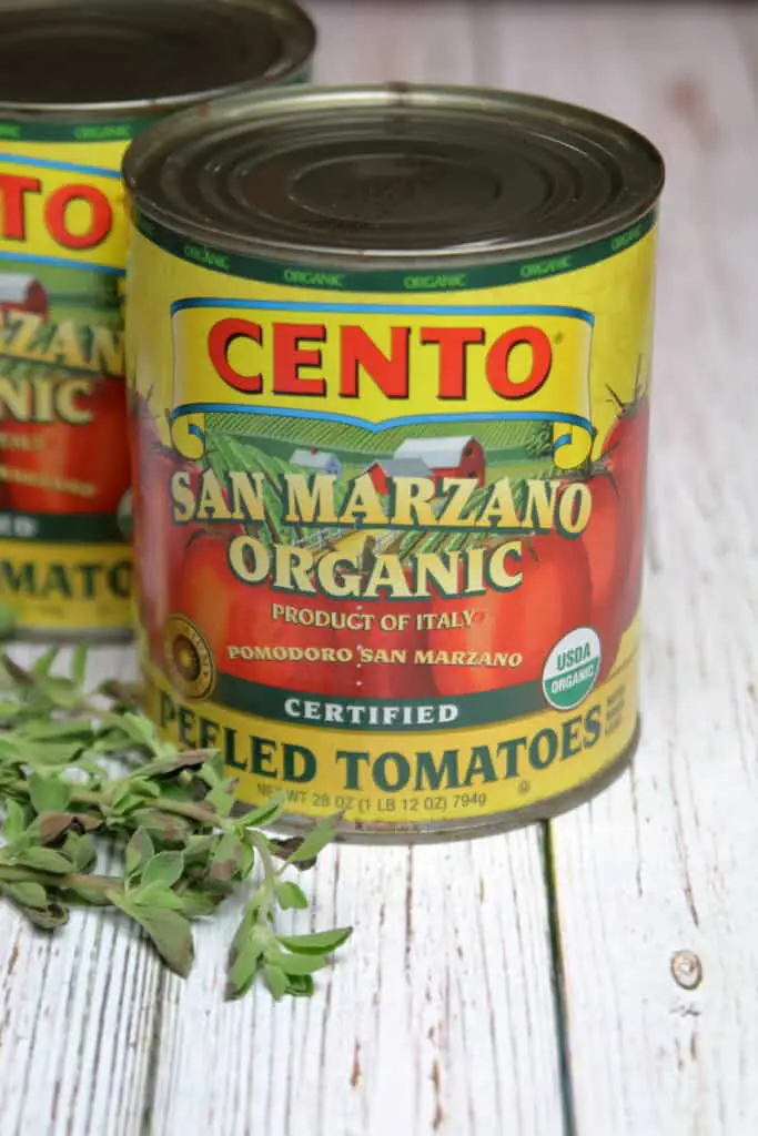 Can of San Marzano tomatoes, the base for the sauce for the pasta bake