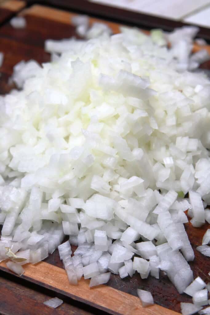 Pile of diced onions.