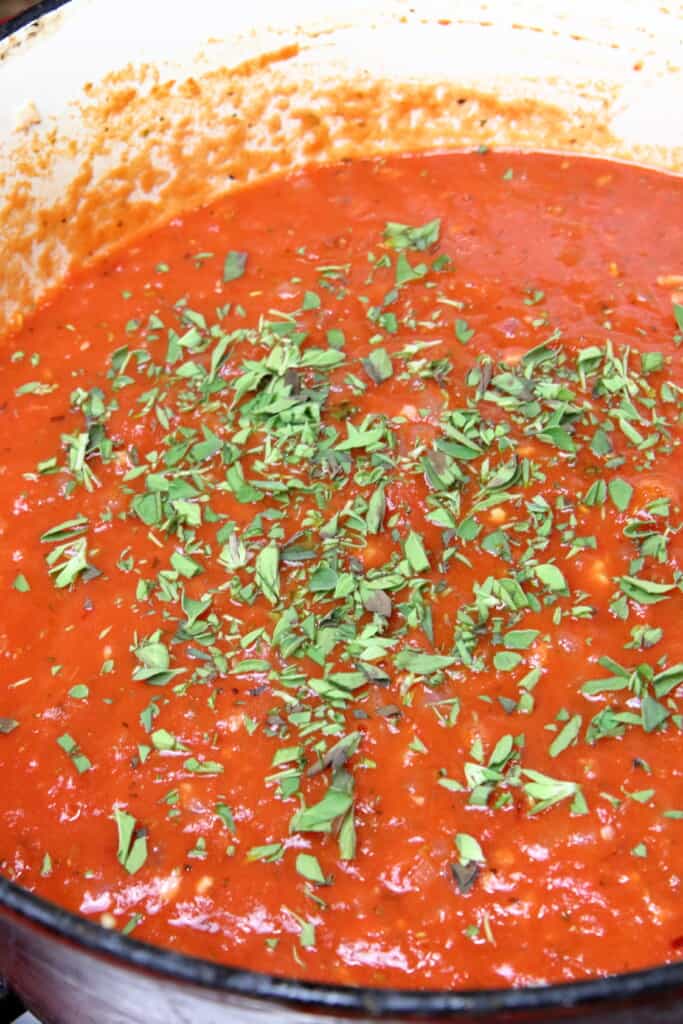 Pot of sauce for the pizza pasta bake