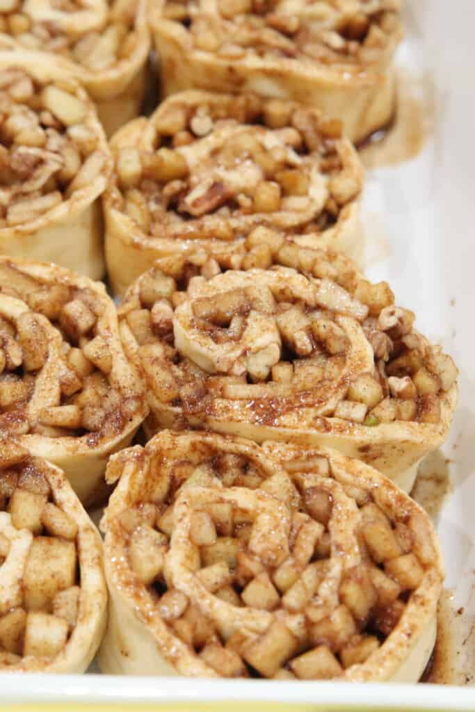 cinnamon rolls packed in a baking pan after being cut, before baked